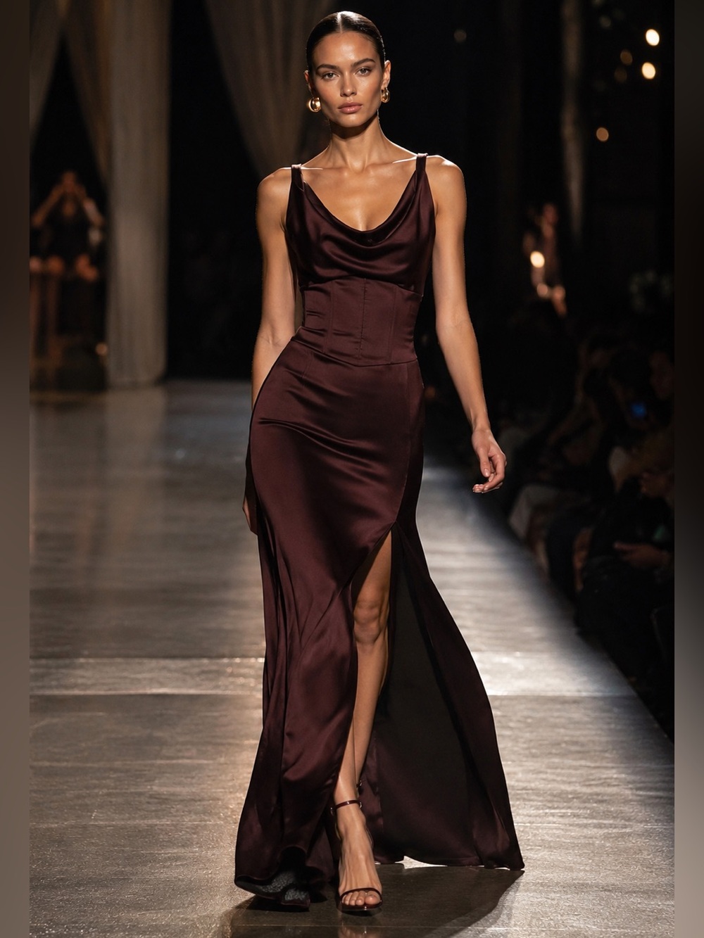 ZARA Bordeaux Satin Corset Midi Dress Cowl Neck Side Slit Size M NWT